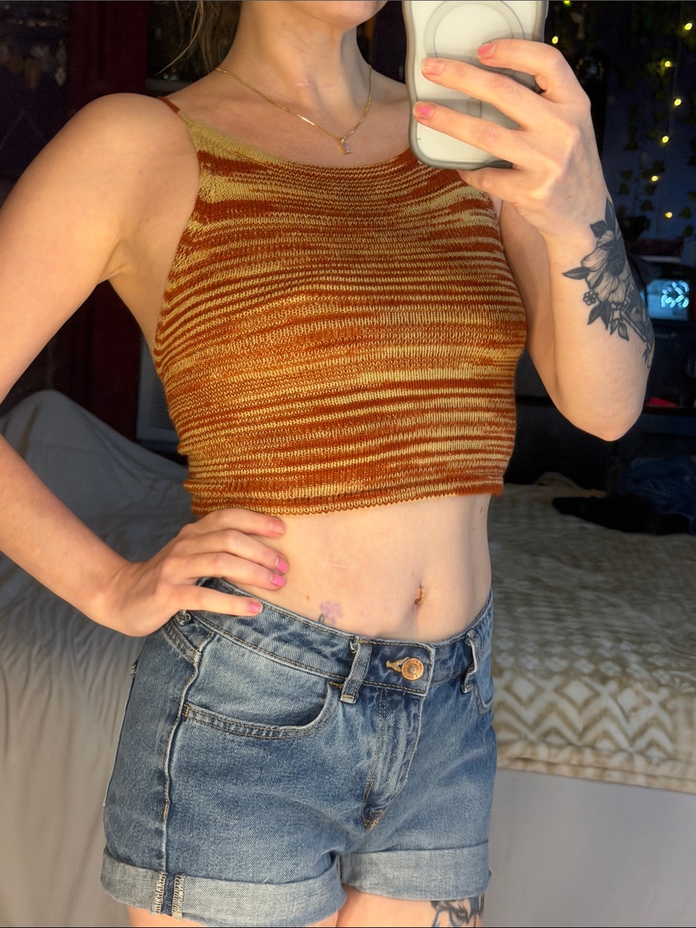 SHEIN Rust & Mustard Striped Knit Cropped Tank